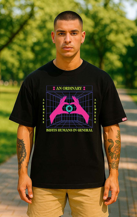 Bekaar Oversized Black T-Shirt – “An Ordinary Befits Humans in General” Abstract Art Graphic | Retro-Futuristic Streetwear | 240 GSM Unisex Drop Shoulder Tee