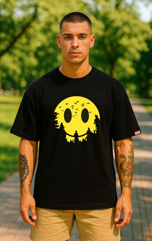 Bekaar Oversized Black T-Shirt – Abstract Yellow Smiley Forest Graphic | Streetwear Unisex Tee | 240 GSM Heavyweight Cotton | Drop-Shoulder Urban Aesthetic