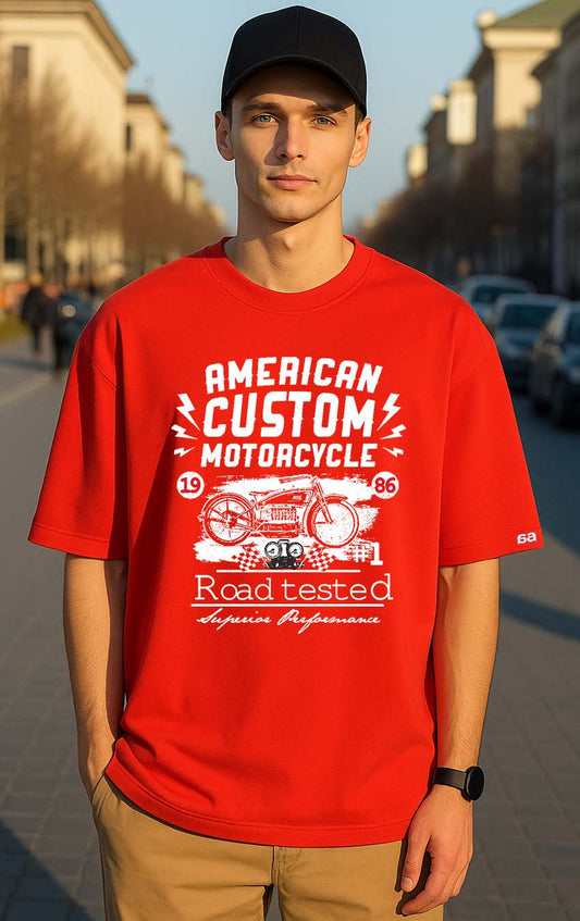 Bekaar Red Oversized T-Shirt – “American Custom Motorcycle” | Road Tested #1 Biker Edition