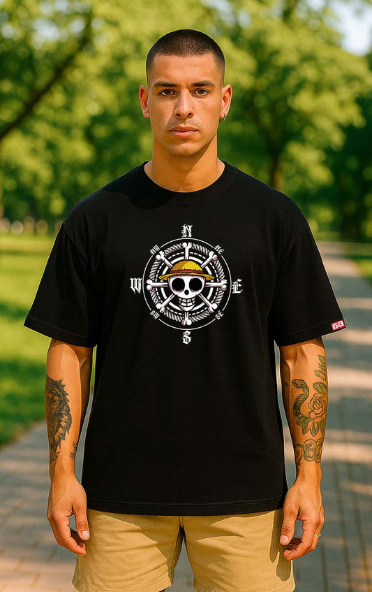 Bekaar Oversized Black T-Shirt – One Piece-Inspired Straw Hat Pirate Compass Design | Anime Streetwear | 240 GSM Heavyweight Cotton | Unisex Drop Shoulder Fit