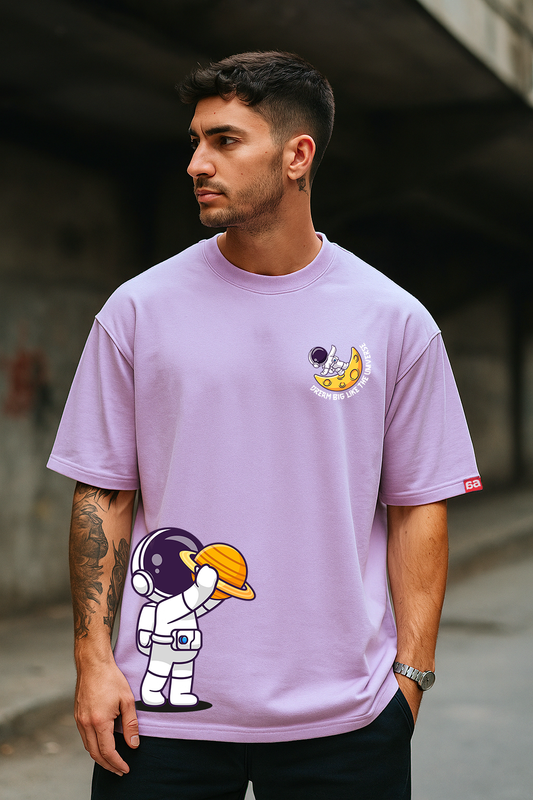 Bekaar Lavender Oversized T-Shirt โ โDream Big Like the Universeโ Astronaut Graphic | 240 GSM Streetwear Tee