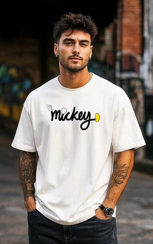 Bekaar White Oversized T-Shirt for Men โ โMickey Mouseโ Cartoon Graphic | Front & Back Print | 100% Terry Cotton | Drop Shoulder Streetwear Tee for College & Pop Culture Fans