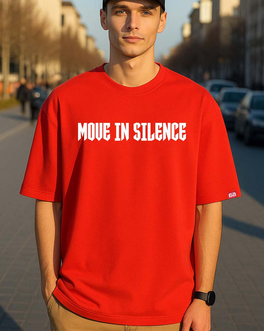 Bekaar "Move in Silence" Oversized Red T-Shirt for Men – Premium Streetwear | 240 GSM Cotton | Urban Graphic Tee India