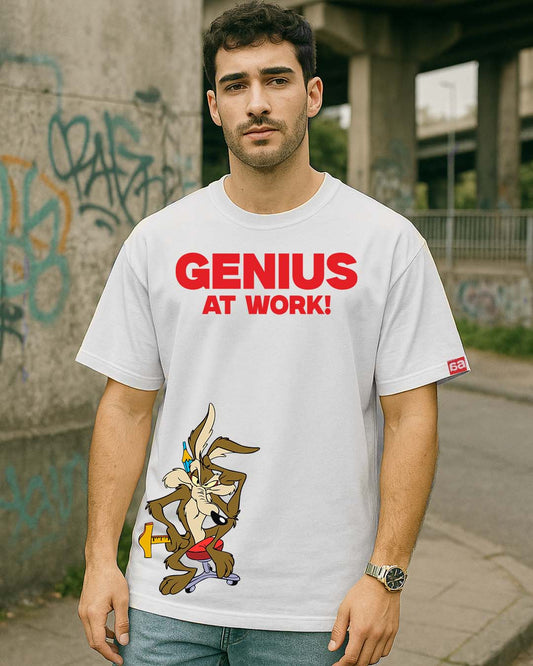 Bekaar White Oversized T-Shirt for Men – “GENIUS AT WORK” Cartoon Graphic | 100% Terry Cotton | Wile E. Coyote Streetwear Tee | Bold Drop Shoulder Fit for College & Casual Wear