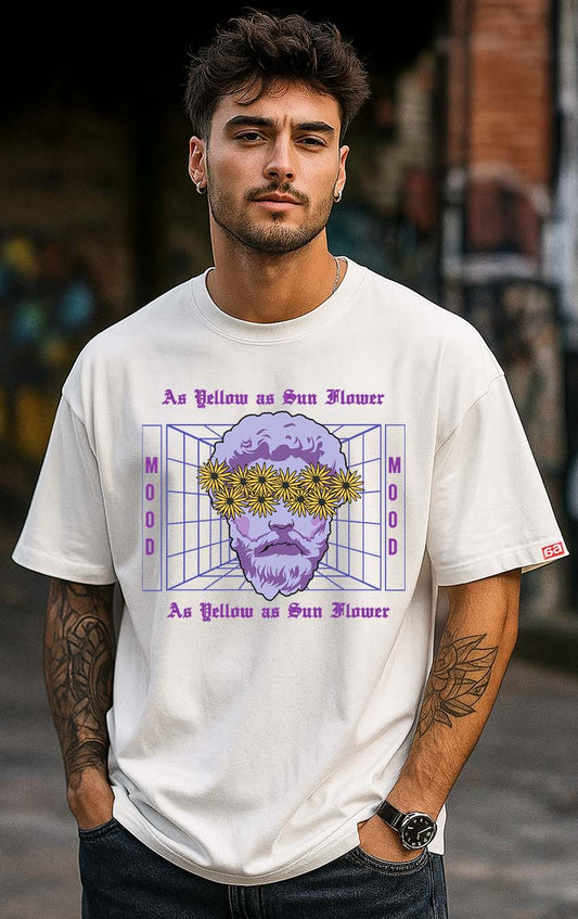 Bekaar White Oversized T-Shirt for Men – “As Yellow As Sun Flower” MOOD Graphic | 100% Terry Cotton | Drop Shoulder Fit | Surreal Pop Art Streetwear Tee for Gen-Z Creators