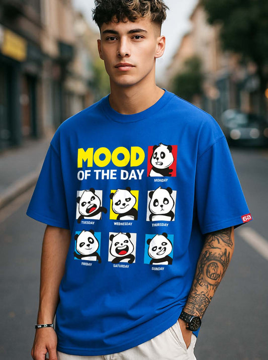 Bekaar Royal Blue Oversized T-Shirt – “Mood of the Day” Panda Graphic | Unisex Fun Streetwear Tee
