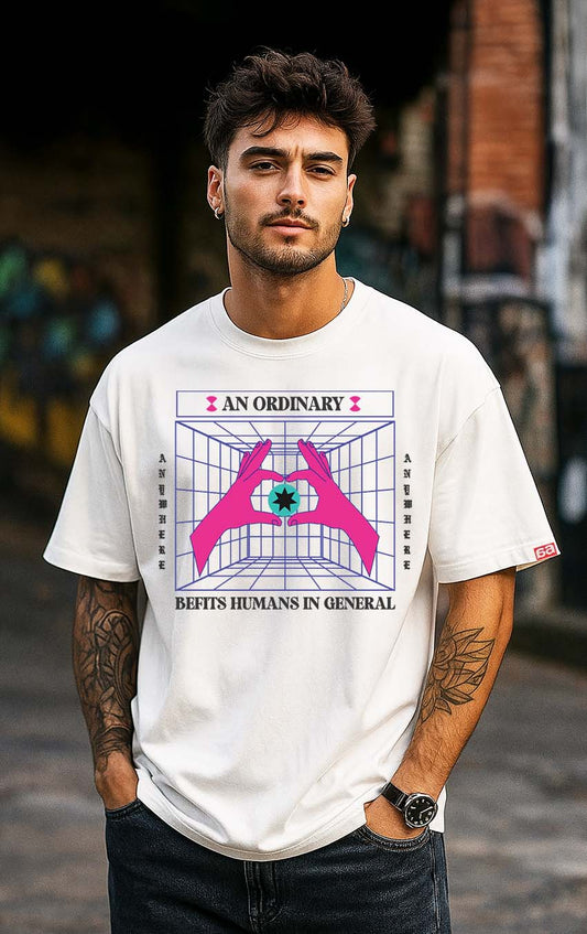 Bekaar White Oversized T-Shirt for Men – “An Ordinary Befits Humans” Abstract Graphic Tee | Drop Shoulder Fit | 100% Terry Cotton | Futuristic Surreal Art Print for Streetwear Style