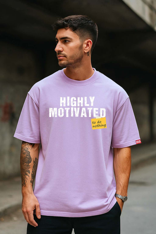 Bekaar Lavender Oversized T-Shirt – “Highly Motivated to Do Nothing” Quote Print | 240 GSM Cotton Streetwear