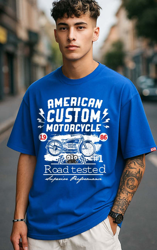 Bekaar Premium Oversized T-Shirt for Men – “American Custom Motorcycle 1986” Graphic Print | Road-Tested Streetwear | Bold Blue Retro Rider Style