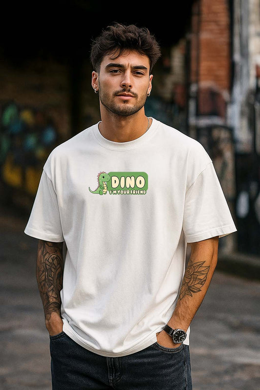 Bekaar Dino Oversized T-shirt for Men – Off-White | 240 GSM French Terry Cotton | Streetwear Bio-Wash Graphic Tee