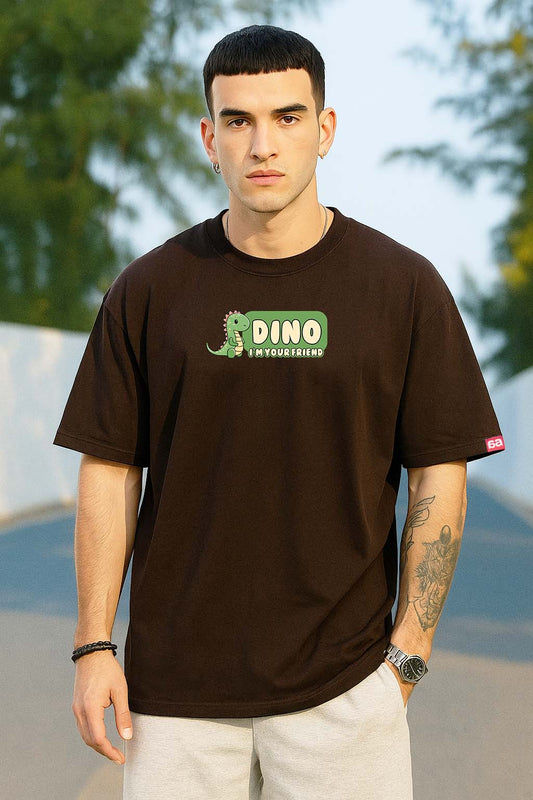 Bekaar Chocolate Brown Oversized T-Shirt – “DINO I’m Your Friend” | Cute Streetwear Graphic Tee