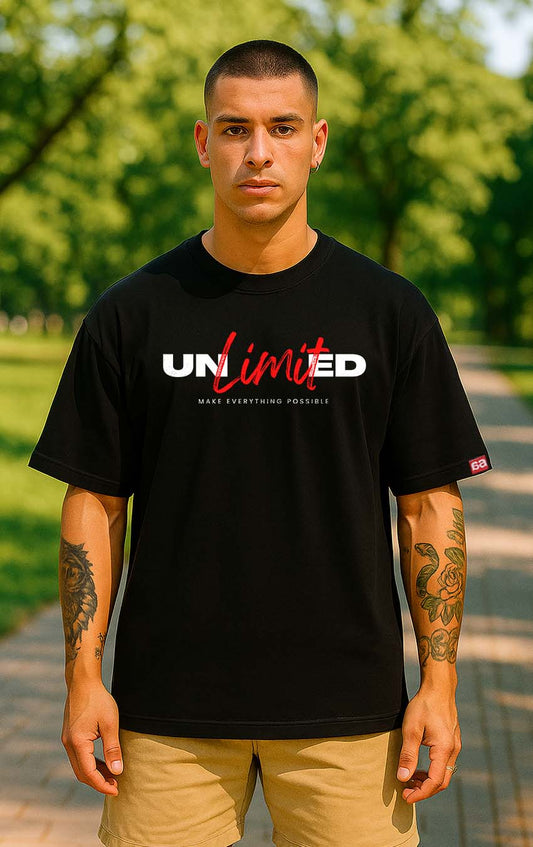 Bekaar Oversized Black T-Shirt – “Unlimited: Make Everything Possible” Motivational Streetwear | Premium 240 GSM Heavyweight Tee | Unisex Drop-Shoulder Fit | Minimal Bold Typography Design