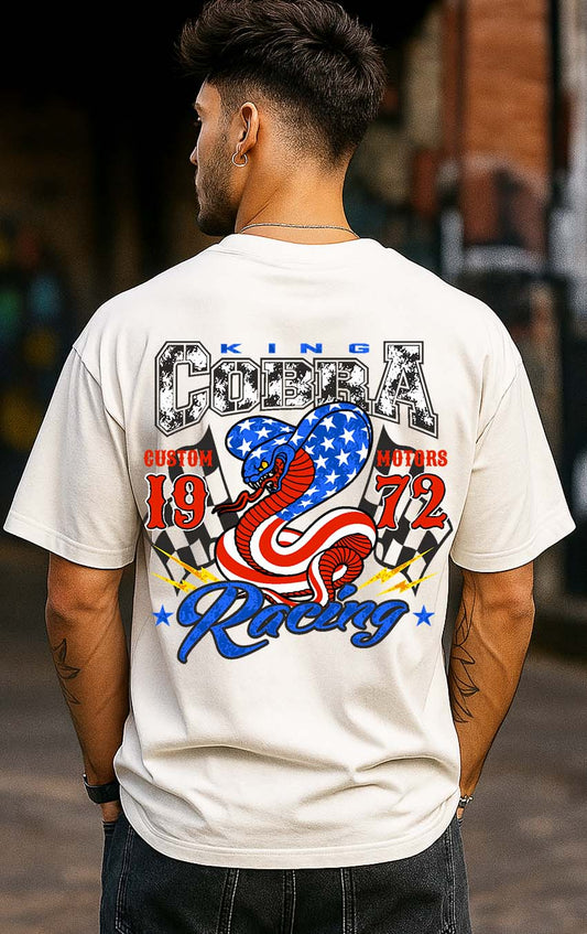 Bekaar White Oversized T-Shirt for Men – “King Cobra Racing 1972” Graphic Print | Front & Back Custom Motors Design | 100% Terry Cotton | Drop Shoulder Fit Streetwear Tee