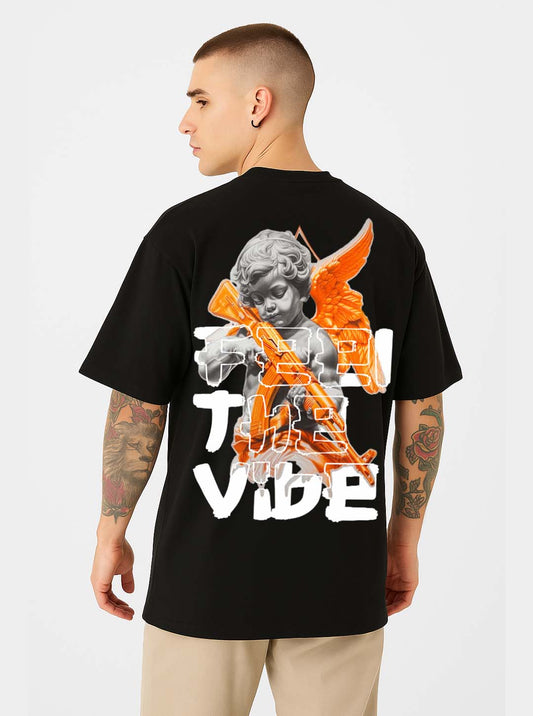 Bekaar "Feel The Vibe" Oversized T-Shirt for Men | Black Graphic Streetwear Tee | 100% Cotton Bio-Washed