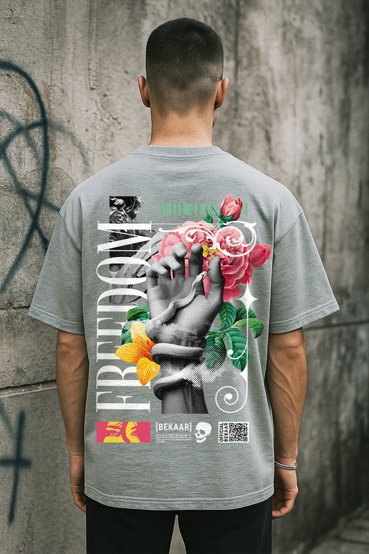 BEKAAR Freedom Oversized T-Shirt – Artistic Grey Drop | Unisex Streetwear Statement Tee (240 GSM)