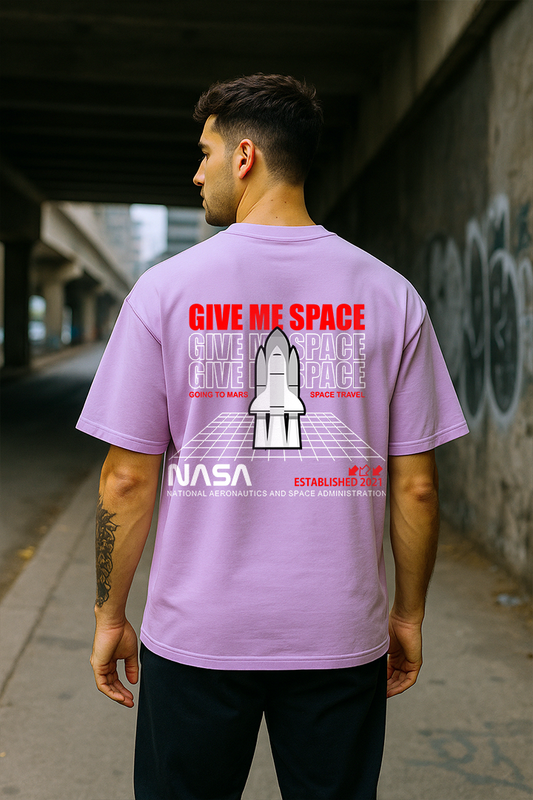 Bekaar Lavender NASA Oversized T-Shirt for Men – “GIVE ME SPACE” Graphic Tee | 100% Terry Cotton Drop Shoulder Fit | Streetwear-Inspired Space Print for Gen-Z & College Wear