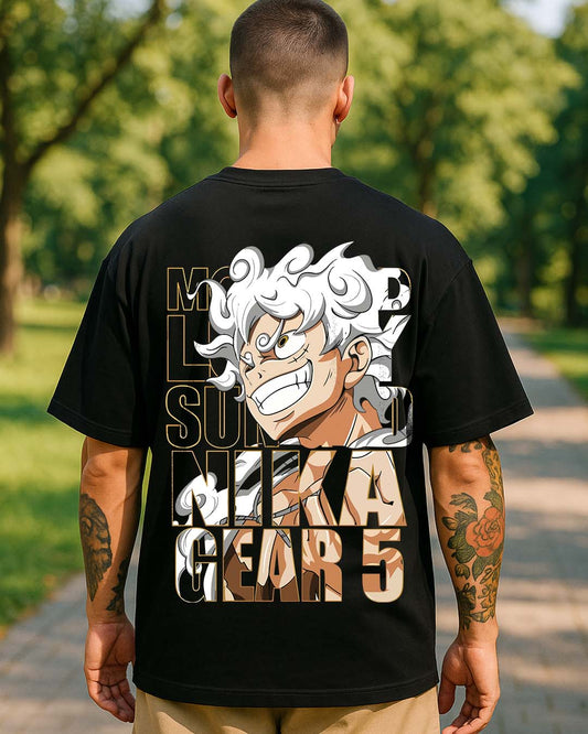 Bekaar Premium Oversized Black T-Shirt for Men – Limited Edition NIKA GEAR 5 Anime Print | Heavyweight Streetwear Tee Inspired by One Piece | Unisex Drop Shoulder Fit – 240 GSM Cotton