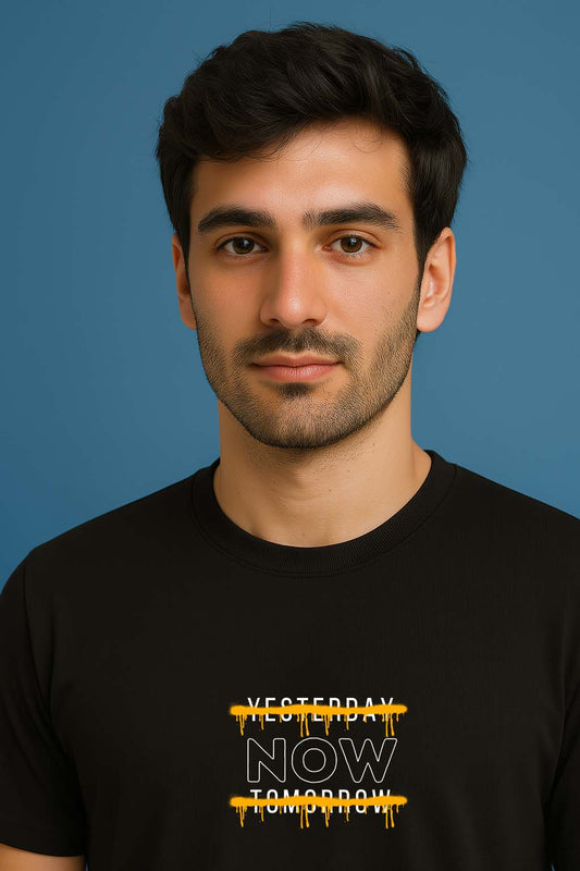 Bekaar Regular Fit Black T-Shirt – “NOW” Graphic Printed Tee for Men & Women | Premium 240 GSM Heavyweight Cotton | Streetwear Drop Shoulder Fit | Motivational Quote Design