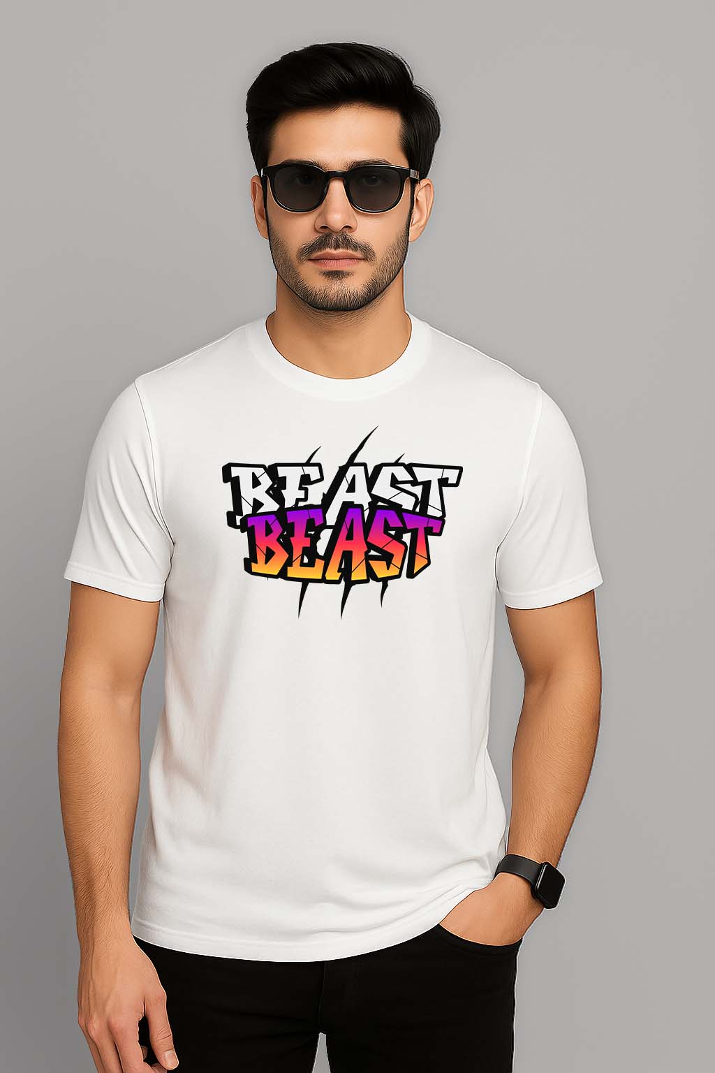 Bekaar White Regular Fit T-Shirt – “BEAST BEAST” Printed Tee for Men | Bold Claw Mark Graphic | Heavyweight 240 GSM Cotton | Casual Streetwear Style