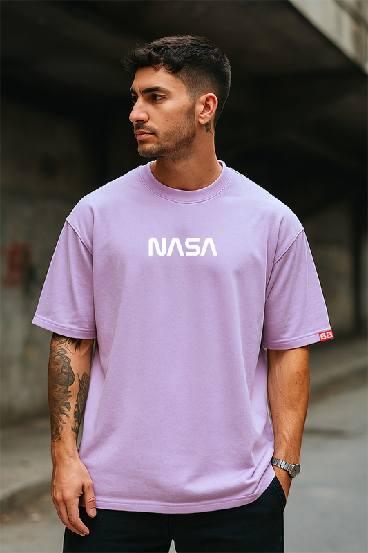 Bekaar Lavender NASA Oversized T-Shirt for Men – “GIVE ME SPACE” Graphic Tee | 100% Terry Cotton Drop Shoulder Fit | Streetwear-Inspired Space Print for Gen-Z & College Wear