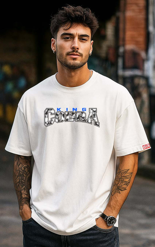 Bekaar White Oversized T-Shirt for Men – “King Cobra Racing 1972” Graphic Print | Front & Back Custom Motors Design | 100% Terry Cotton | Drop Shoulder Fit Streetwear Tee