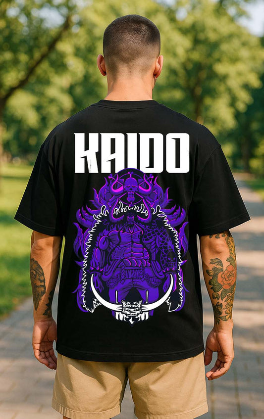 Bekaar Oversized Black T-Shirt – “KAIDO” One Piece Inspired Back Print | Bold Purple Villain Artwork | 240 GSM Heavyweight Cotton | Unisex Drop Shoulder Streetwear
