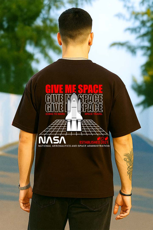 Bekaar Oversized NASA T-Shirt in Coffee Brown – "Give Me Space" | Space Travel Graphic Tee for Men