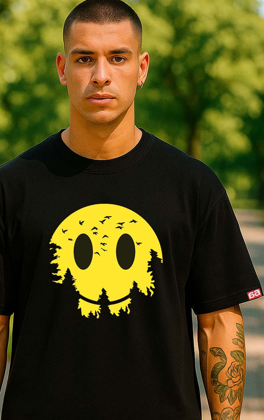 Bekaar Oversized Black T-Shirt – Abstract Yellow Smiley Forest Graphic | Streetwear Unisex Tee | 240 GSM Heavyweight Cotton | Drop-Shoulder Urban Aesthetic