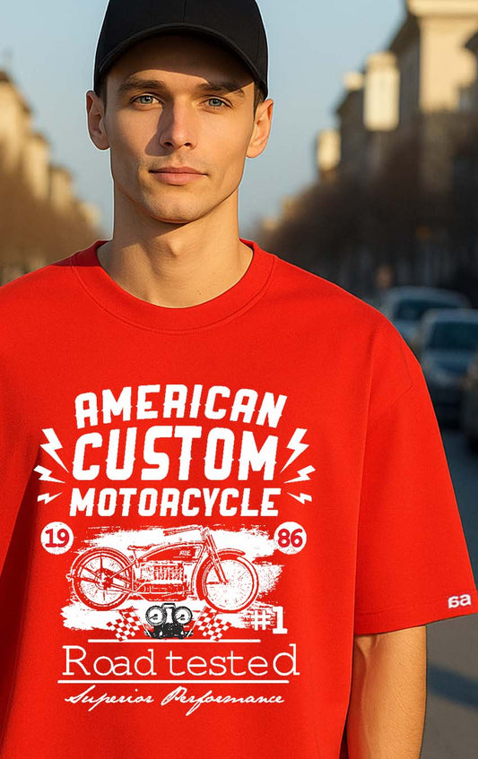 Bekaar Red Oversized T-Shirt – “American Custom Motorcycle” | Road Tested #1 Biker Edition
