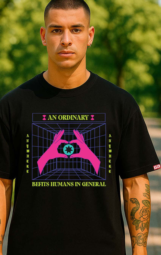 Bekaar Oversized Black T-Shirt – “An Ordinary Befits Humans in General” Abstract Art Graphic | Retro-Futuristic Streetwear | 240 GSM Unisex Drop Shoulder Tee