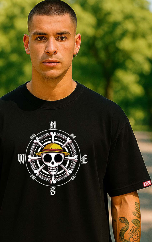 Bekaar Oversized Black T-Shirt – One Piece-Inspired Straw Hat Pirate Compass Design | Anime Streetwear | 240 GSM Heavyweight Cotton | Unisex Drop Shoulder Fit