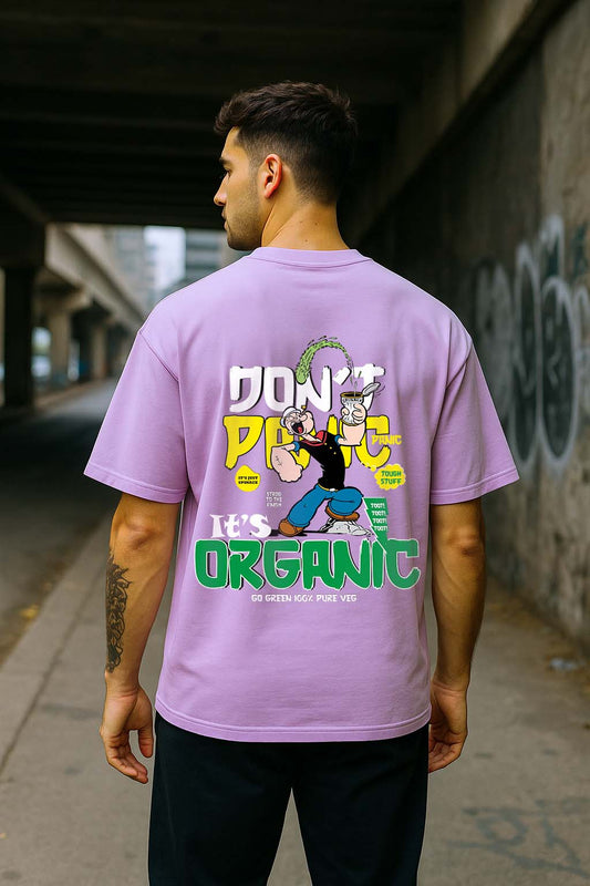 Bekaar Lavender Oversized T-Shirt – “Organic Stuff | Don’t Panic” Popeye Graphic | 240 GSM Streetwear Fit