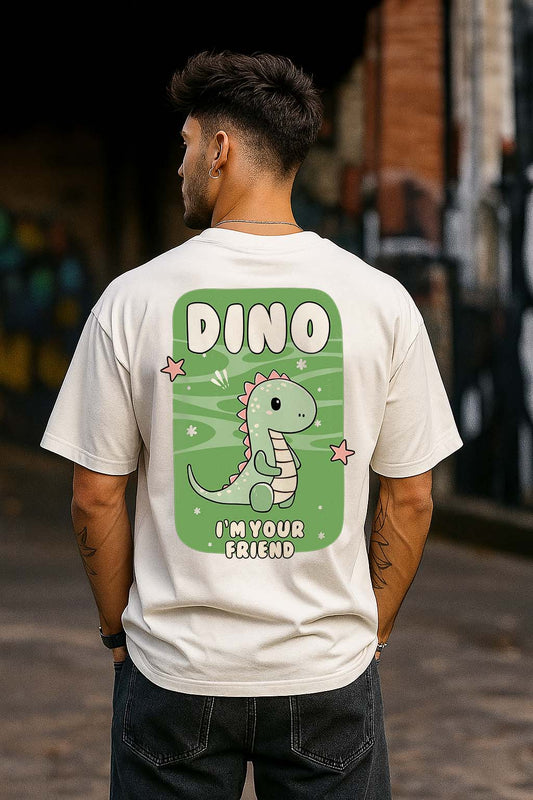 Bekaar Dino Oversized T-shirt for Men – Off-White | 240 GSM French Terry Cotton | Streetwear Bio-Wash Graphic Tee