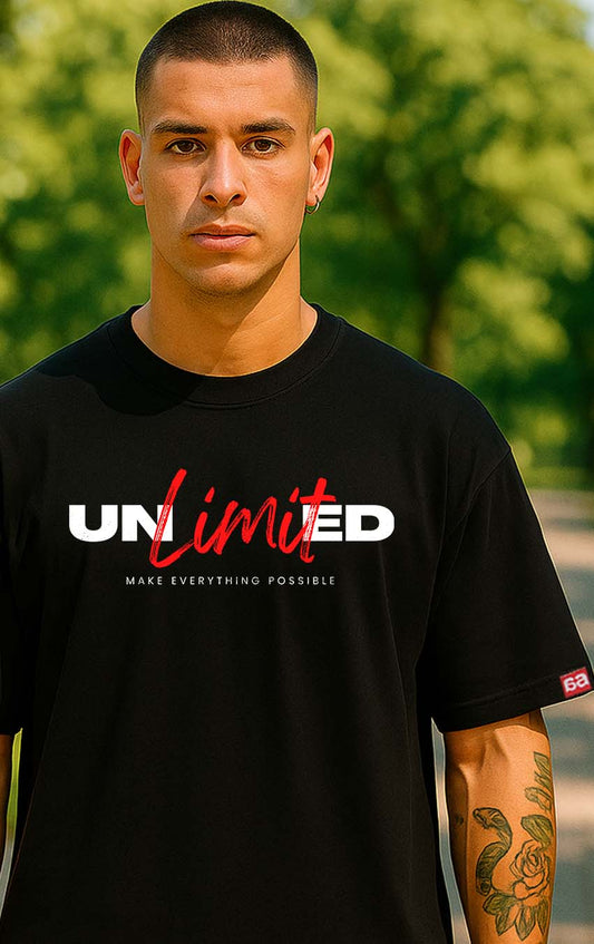 Bekaar Oversized Black T-Shirt – “Unlimited: Make Everything Possible” Motivational Streetwear | Premium 240 GSM Heavyweight Tee | Unisex Drop-Shoulder Fit | Minimal Bold Typography Design