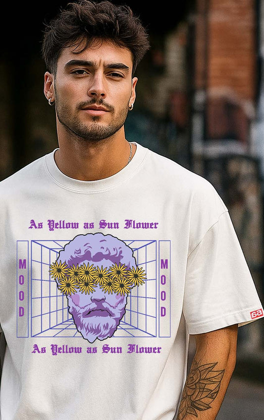 Bekaar White Oversized T-Shirt for Men – “As Yellow As Sun Flower” MOOD Graphic | 100% Terry Cotton | Drop Shoulder Fit | Surreal Pop Art Streetwear Tee for Gen-Z Creators