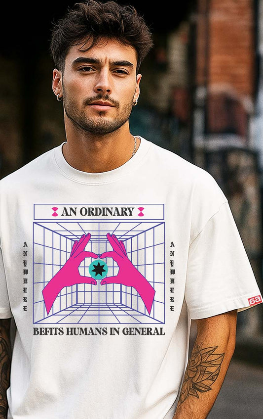 Bekaar White Oversized T-Shirt for Men – “An Ordinary Befits Humans” Abstract Graphic Tee | Drop Shoulder Fit | 100% Terry Cotton | Futuristic Surreal Art Print for Streetwear Style