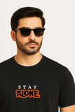 Bekaar Regular Fit Black T-Shirt – “Stay Alone” Graphic Tee for Men & Women | 240 GSM French Terry Cotton | Bio-Washed Streetwear Fit | Unisex Drop Shoulder Design