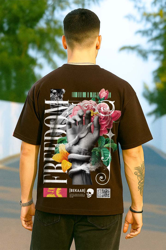 Bekaar Freedom Oversized T-Shirt – "Rebel Blooms" | Artistic Brown Graphic Streetwear Tee