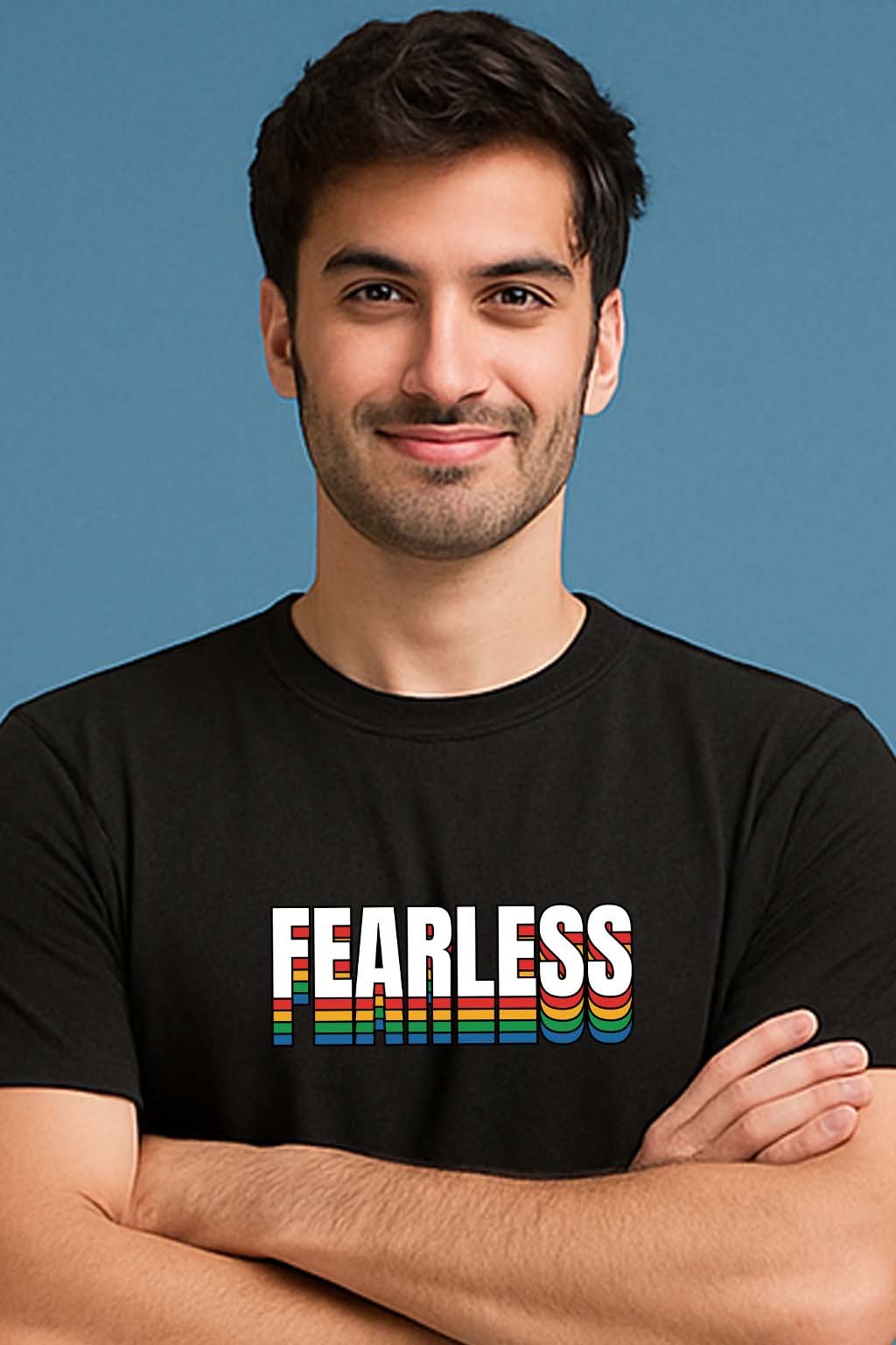 Bekaar Regular Fit Black T-Shirt – “FEARLESS” Graphic Printed Tee for Men & Women | Heavyweight 240 GSM Cotton | Multicolor Bold Typography Streetwear | Unisex Drop Shoulder Fit