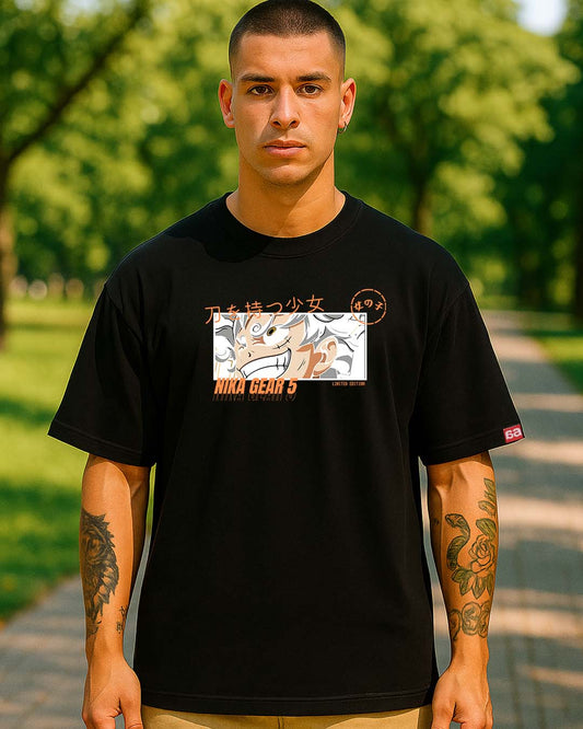 Bekaar Premium Oversized Black T-Shirt for Men – Limited Edition NIKA GEAR 5 Anime Print | Heavyweight Streetwear Tee Inspired by One Piece | Unisex Drop Shoulder Fit – 240 GSM Cotton